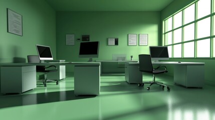 Poster - A sleek 3D office interior with desks, chairs, and computers.