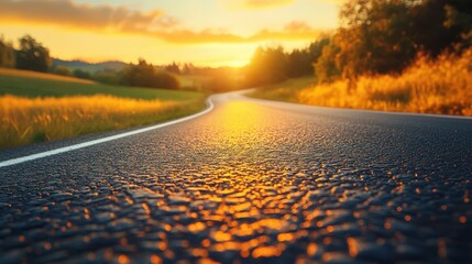 Wall Mural - Aerial view of a winding road illuminated by a vibrant sunset, showcasing dramatic colors and natural beauty in the landscape.