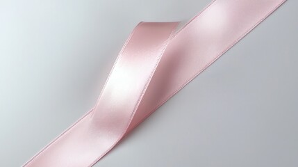Poster - A soft pink ribbon placed diagonally on a plain white background. 