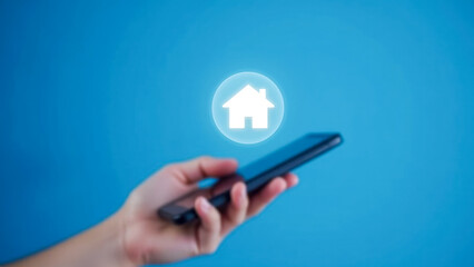 Poster - Hand holding smartphone with glowing house icon representing digital home management and smart technology connectivity for modern living