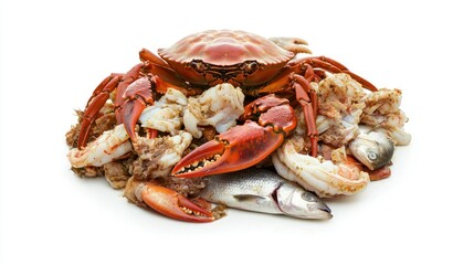 Poster - A studio shot of assorted seafood, including fish, crab, and shrimp, isolated on a white background. 