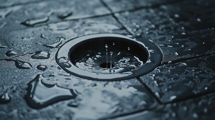 Wall Mural - A polished drain with droplets of water trickling toward it, showcasing modern and effective plumbing