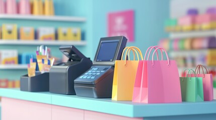 Poster - A stylized 3D scene of a cashier counter with shopping bags and payment machines. 