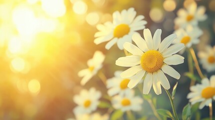 Canvas Print - A vibrant display of white flowers featuring bright yellow centers basking in the warm sunlight, creating a cheerful and inviting atmosphere.