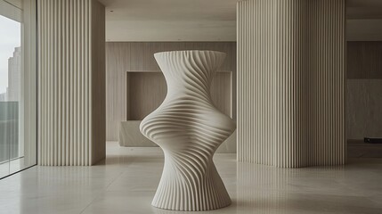 Poster - The white twisted sculpture stands inside a minimal room with windows