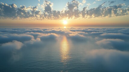 Canvas Print - A breathtaking aerial view captures a vibrant sunset over the ocean, with wispy clouds enhancing the serene beauty of the scene.