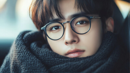 Wall Mural - A close-up portrait of a young asian man. They are wearing black, thick-framed glasses that sit slightly low on their nose. A soft black scarf is wrapped snugly around their neck