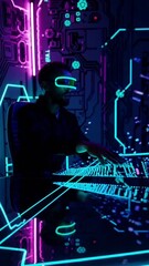 Poster - Futuristic holographic interface interactions in neon cyber environment