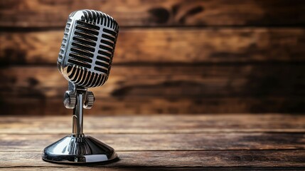 Poster - A vintage-style microphone with a chrome finish, sitting on a wooden table. 