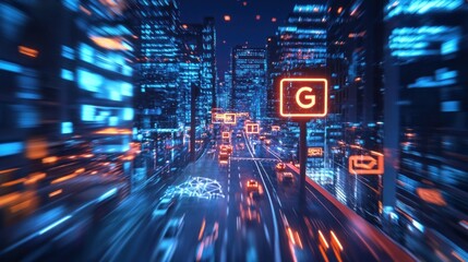 Poster - Neon Infused Metropolis, Futuristic Cityscape with Dynamic Motion Blur
