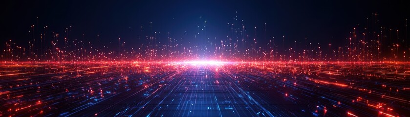 Aufkleber - A vibrant digital landscape with glowing red and blue lights, depicting a futuristic, high-tech environment.