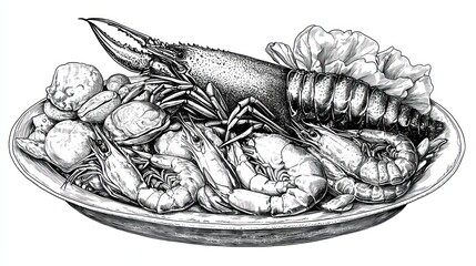 Poster - An elegant black-and-white pen illustration of a seafood platter, perfect for menu or branding designs. 