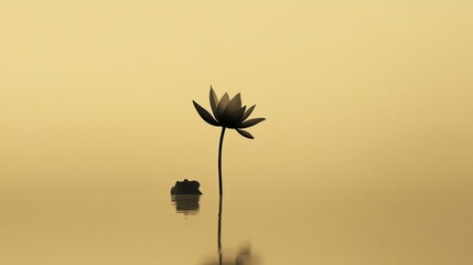 Wall Mural - Silhouetted lotus flower in calm water at dawn