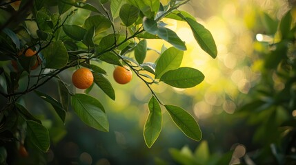 Poster - an orange tree branch with bright green leaves and fresh oranges. 