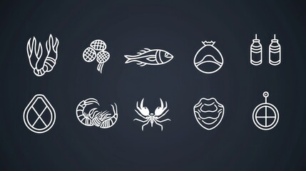 Poster - Black-and-white line art icons of various seafood items on a transparent background for design use. 