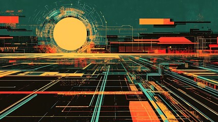 Poster - The Digital Cityscape Featuring a Circular Structure and Lines