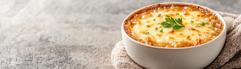 Wall Mural - Delicious Baked Cheese Dish with Golden Brown Crust Served in White Bowl on Rustic Table