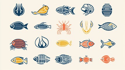 Poster - Minimalist seafood icons with geometric designs for use in digital applications or branding 