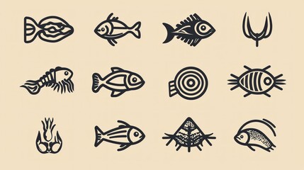 Poster - Minimalist seafood icons with geometric designs for use in digital applications or branding 