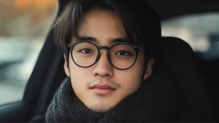 Wall Mural - A close-up portrait of a young asian man. They are wearing black, thick-framed glasses that sit slightly low on their nose. A soft black scarf is wrapped snugly around their neck