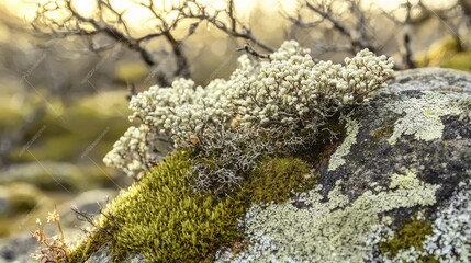 Poster - Moss and lichen growing on the rough bark of a forest tree. 