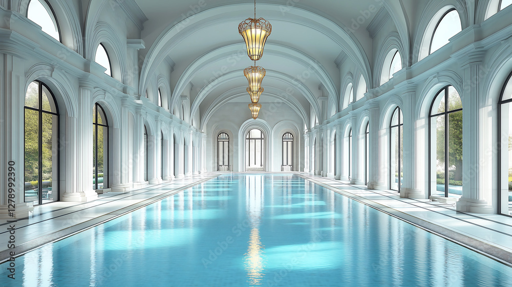 Luxury Indoor Pool with Arched Architecture & Chandeliers – Ideal for ...