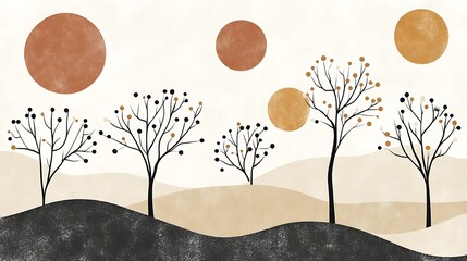 Poster - Abstract Artwork Featuring Trees and Decorative Circles Over Hillside Landscape
