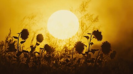 Wall Mural - Sunflowers Silhouetted Against A Golden Sunset