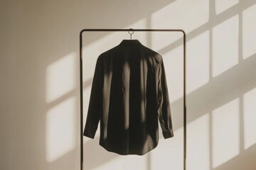 Leinwandbilder - Hanging black shirt illuminated by soft sunlight casting shadows indoors in a minimalist setting