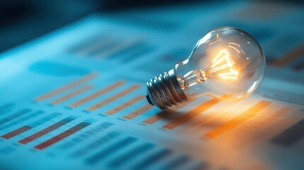 Fototapete - A close-up of a bright light bulb placed on top of business graphs, symbolizing smart decision-making and ideas.