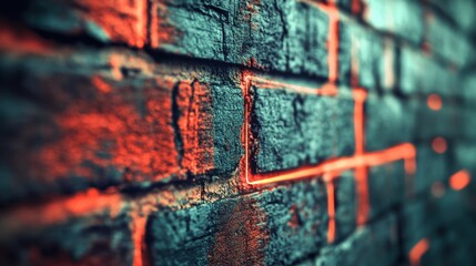 Canvas Print - Close-up of a brick wall with holographic lines, representing cybersecurity and digital protection.