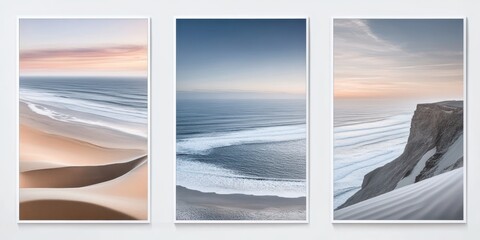 Canvas Print - Three vertical images showcase a serene beach scene featuring sand dunes illuminated by a vibrant sunset, capturing the beauty of nature's colors.