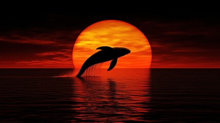 Wall Mural - Whale Silhouette Leaping at Sunset Ocean Scene