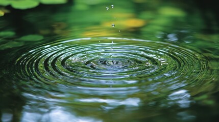 Wall Mural - A close-up view captures a single water drop creating ripples as it falls into a serene pond, highlighting nature's beauty and tranquility.