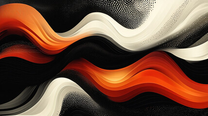 Fototapete - Abstract Composition of Flowing Wavy Lines in Shades of Black, White, and Orange Creating Dynamic Visual Movement