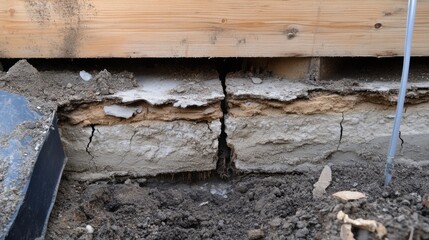 Wall Mural - Close-up of cracks in an exposed foundation with surrounding soil for repair planning