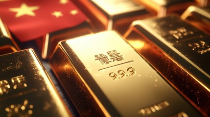 Poster - Close-up of shiny gold bars with the Chinese flag in the background, symbolizing wealth
