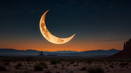 Wall Mural - A glowing crescent moon over a desert landscape with a peaceful