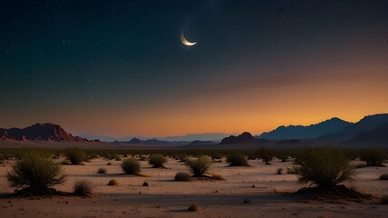 Wall Mural - A glowing crescent moon over a desert landscape with a peaceful