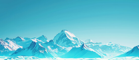 Naklejka na meble Peak of white snow-capped mountain with gentle snowy slopes and sharp stone teeth against background of pale blue clear gradient sky. Banner. Copy space for text