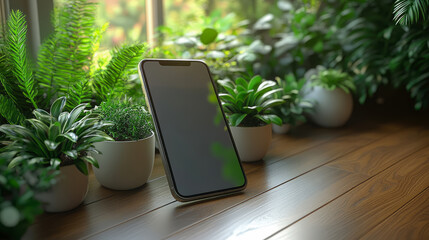Poster - Promo: Modern blank screen cellphone leaning against potted green plants on wood floor near bright light window for advertisement