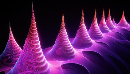 Poster - A series of glowing pink and purple waves, resembling sound spectrum curves