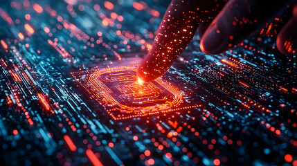 Poster - Close-up of a finger touching a glowing microchip in a digital landscape