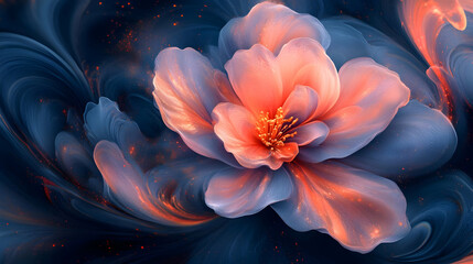 Poster - Vibrant abstract flower with swirling colors in a dark background, showcasing beauty