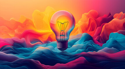 Fototapete - Vibrant light bulb illuminating colorful abstract waves in a dynamic landscape