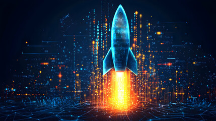 Poster - Futuristic rocket launch against a digital cityscape with glowing data streams