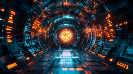 Poster - Futuristic tunnel with glowing orange and blue lights leading to a bright core