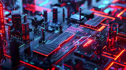 Fototapete - Futuristic circuit board with vibrant neon lights and intricate details