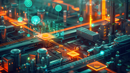 Poster - Futuristic cityscape with glowing circuits and digital elements at night