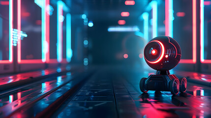 Poster - Futuristic robotic sphere exploring a neon-lit corridor with glowing panels